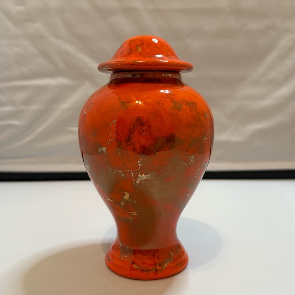 Vtg Rare Mid-Century Arners Gold Veins,  Orange Lidded Vase Ceramic Pottery